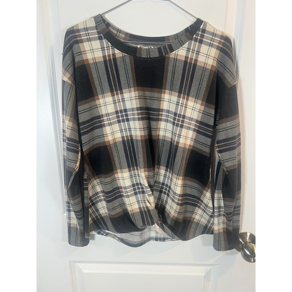 Tru Self Womens Top Front Twist‎ Plaid Black Brown S